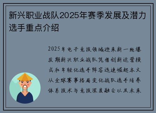新兴职业战队2025年赛季发展及潜力选手重点介绍